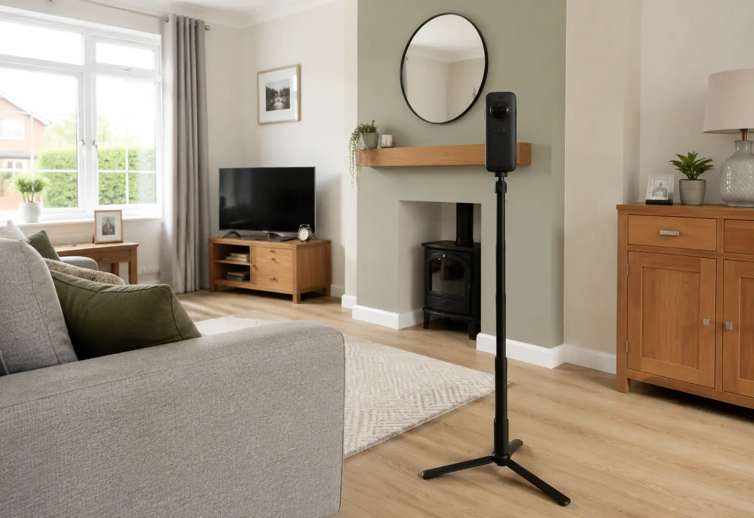 Professional 360 degree property capture camera in a bright UK living room