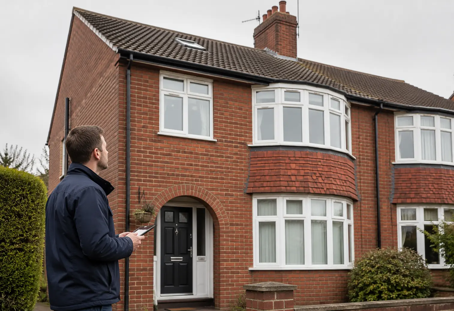 Residential building surveyor inspecting the exterior of a UK home